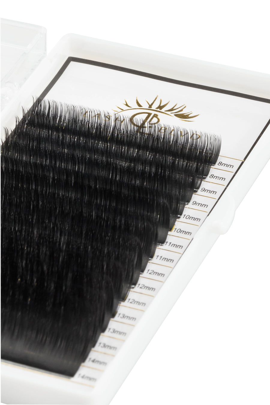 Professional 0.03 and 0.05 volume lash extensions designed for mega volume lash sets, offering lightweight fans, rich matte black color, and consistent curl for professional lash artists.